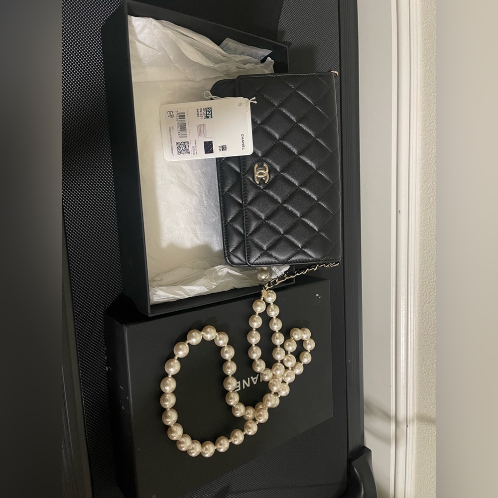 Chanel Black Quilted Wallet with Pearl Chain